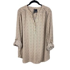 New Directions Long Roll Tab Sleeve Pullover Blouse Beige Black Starburst Size L